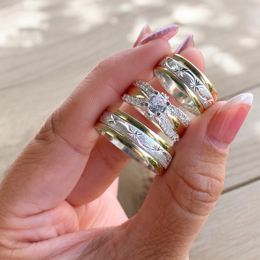 Trío de Argollas Plata y Enchape de Oro Ley 925 con Grabado – Edición Especial