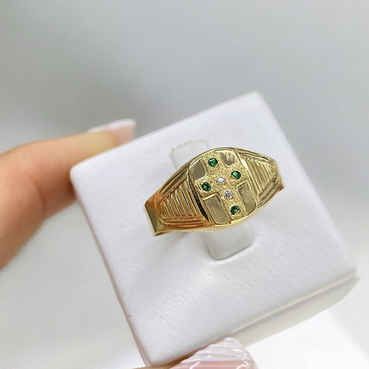 Anillo de Caballero Cruz Oro 18K con Piedras Verdes y Blancas