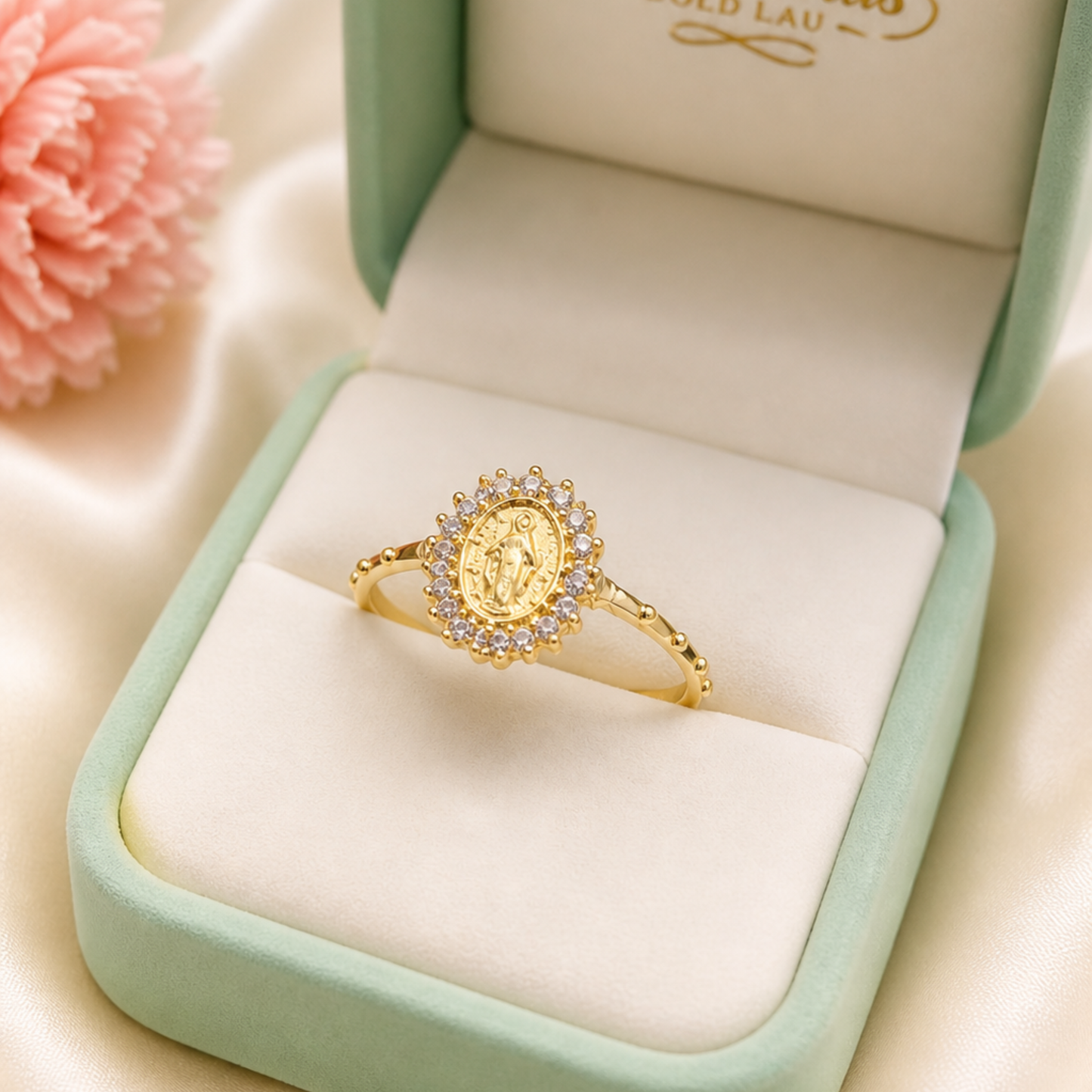 Anillo Virgen Milagrosa  con Circones en Oro 18K – Diseño Elegante